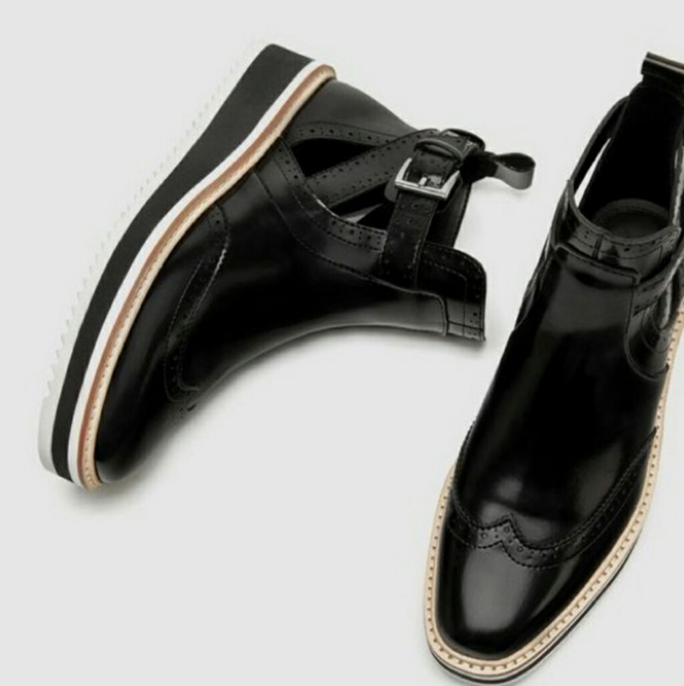Zara Black Leather Platform Brogues with Tan Trim